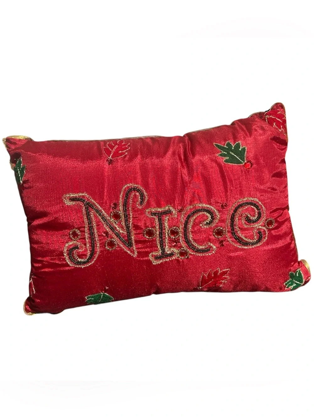 Pier 1 Christmas Pillow Naughty Nice Reversible Beaded Embroidered Gold Trim